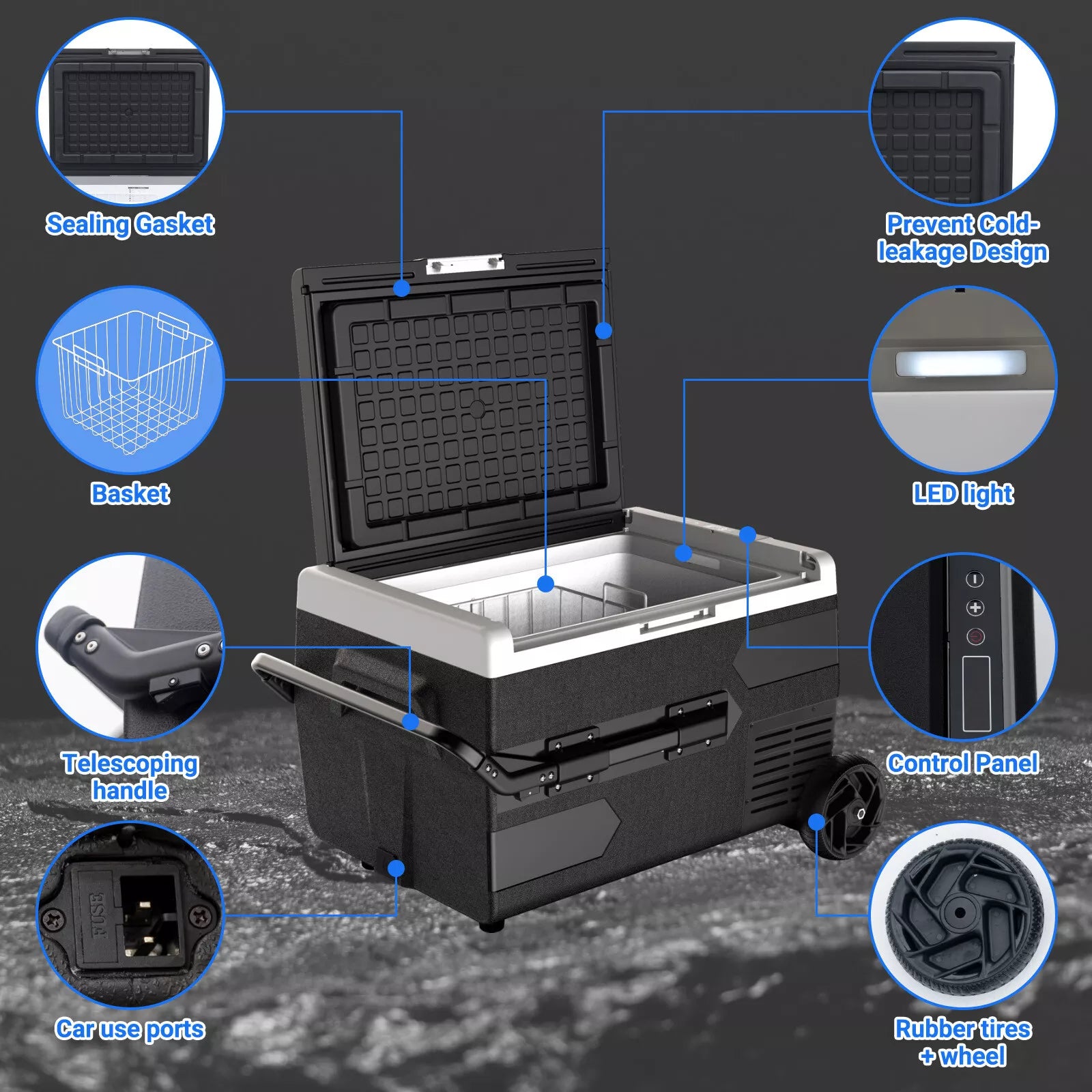 SMAD 12V/24V 50L Portable Car Fridge Freezer – Energy Efficient, Quiet Compressor, Compact Design for RVs, Trucks, and Camping – Black